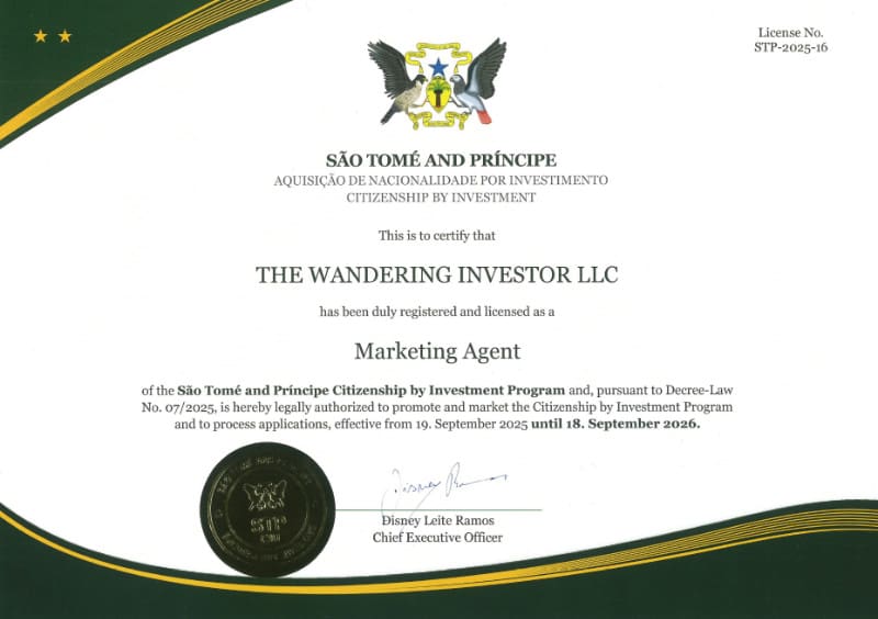 Cert The Wandering Investor is a licensed agent of the Sao Tome Citizenship by Investment program Official Licensed Agent Sao Tome CBI The Wandering Investor