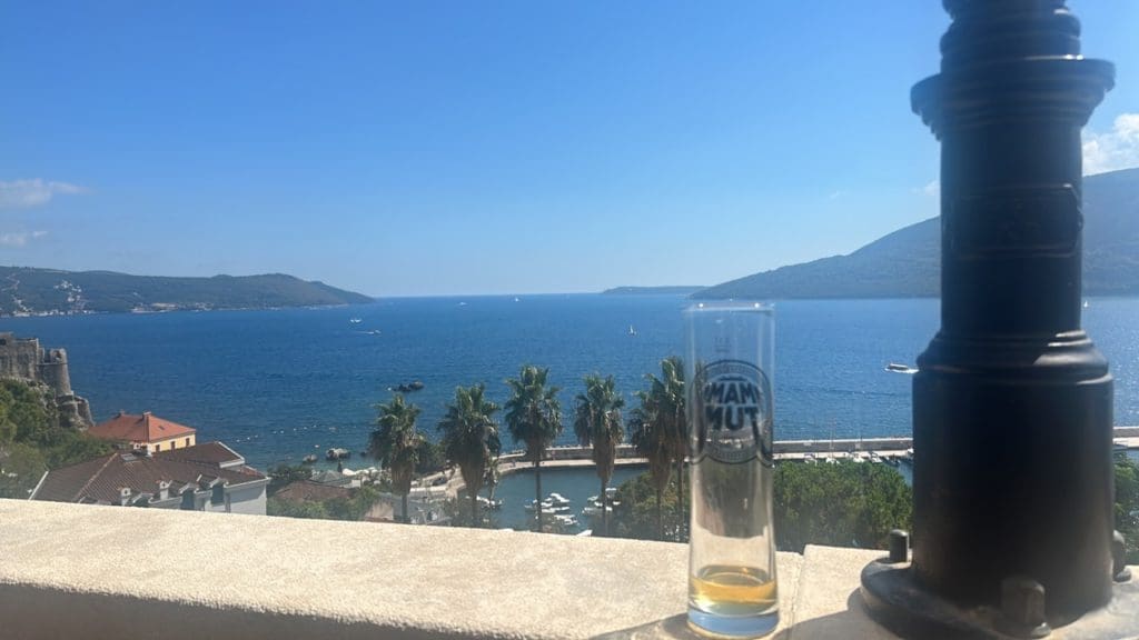bay view of herceg novi with a beer