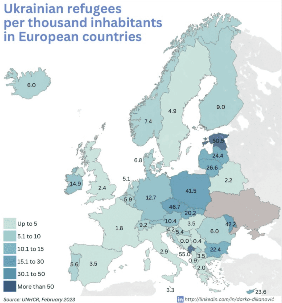 Ukrainian refugees per thousand inhabitants in European countries