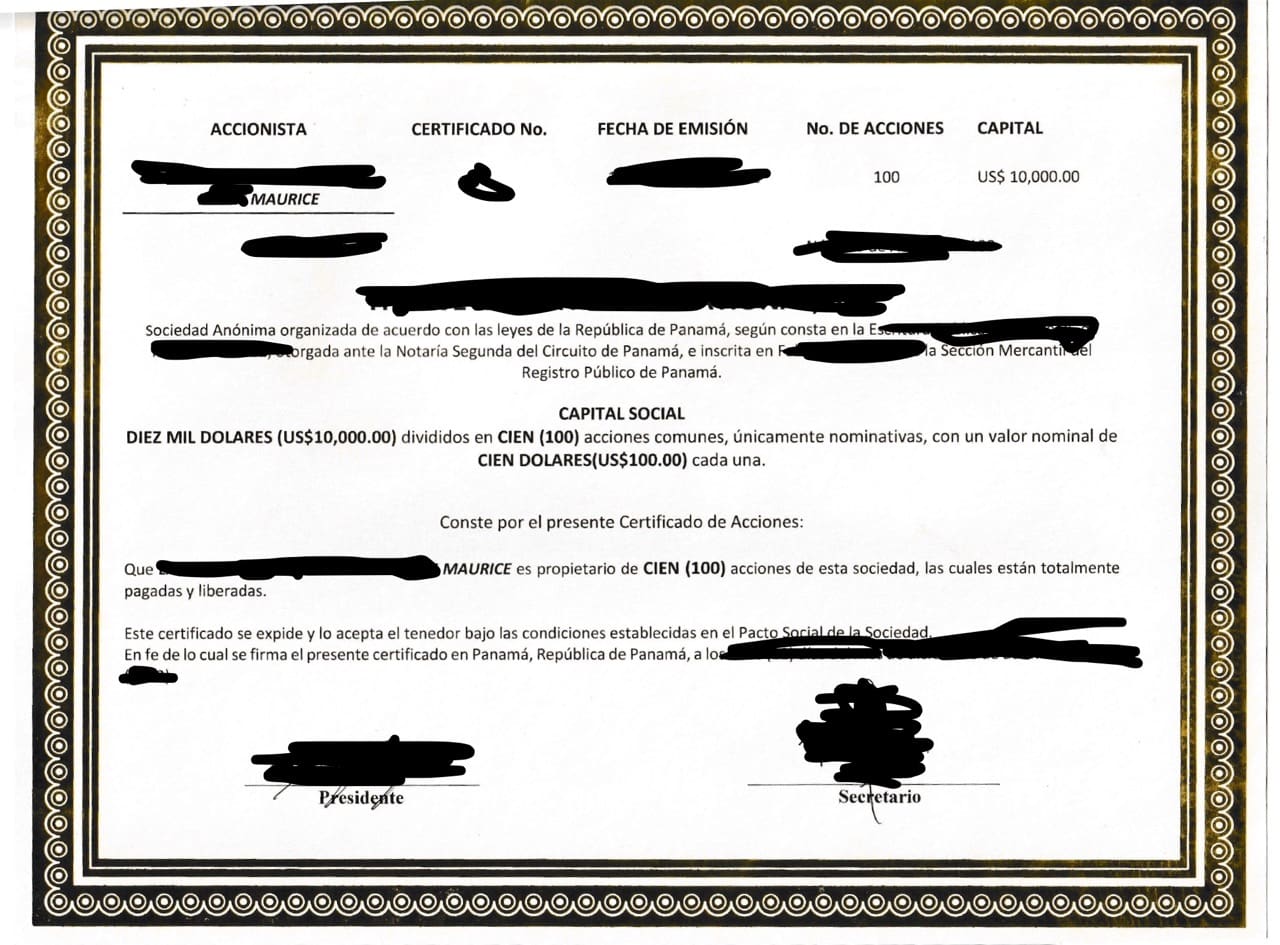 Screenshot My Panama Corporation certificate
