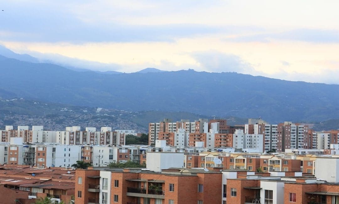 Landscape of mountains and buildings