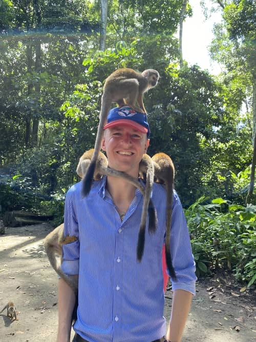 Man standing with three monkeys on his head