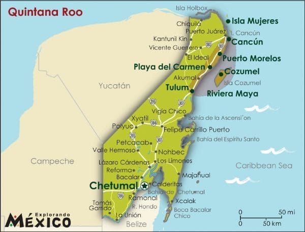 Map of the state of Quintana Roo in Mexico