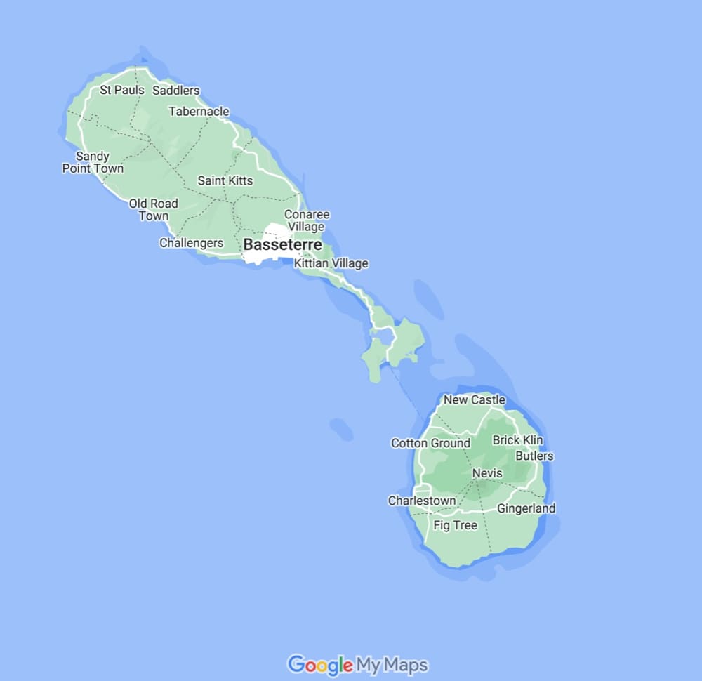 Google map of St Kitts and Nevis